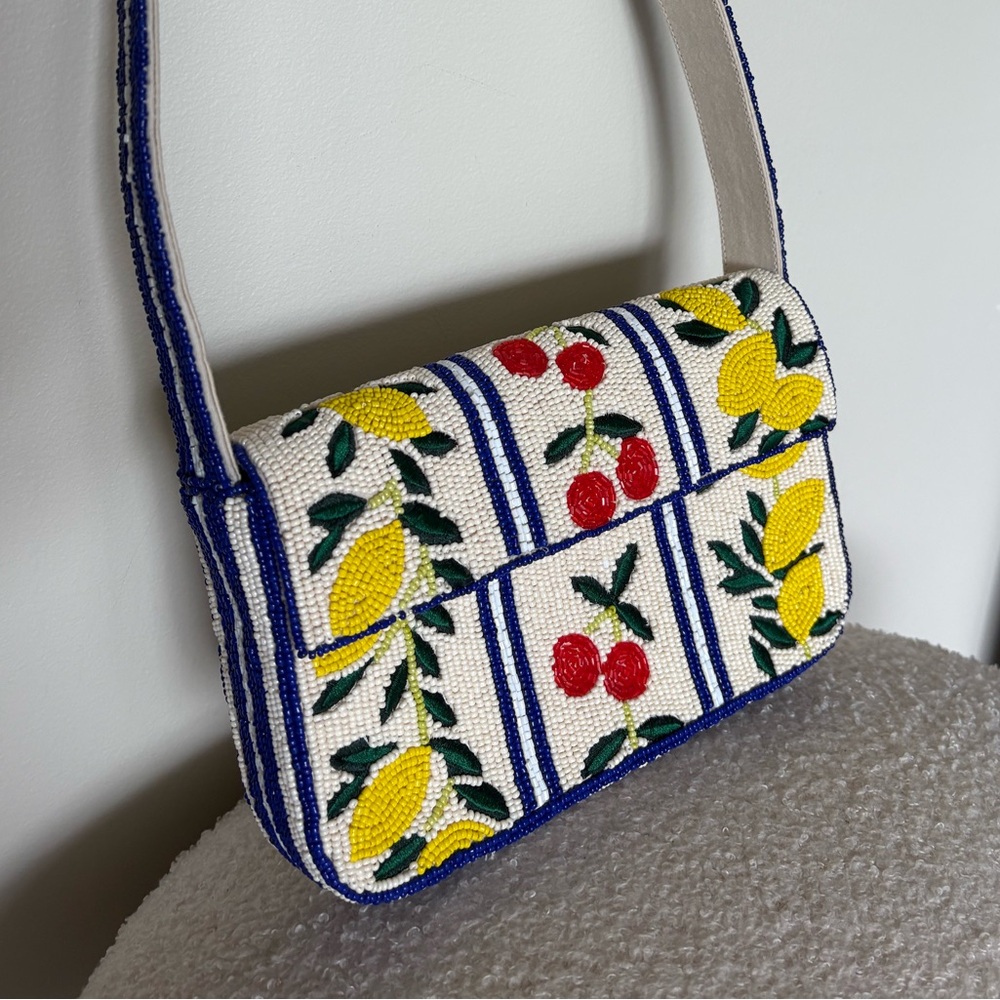 Anthropologie Fiona Beaded Purse Lemon Cherry Blue Trim - Picture 2 of 4